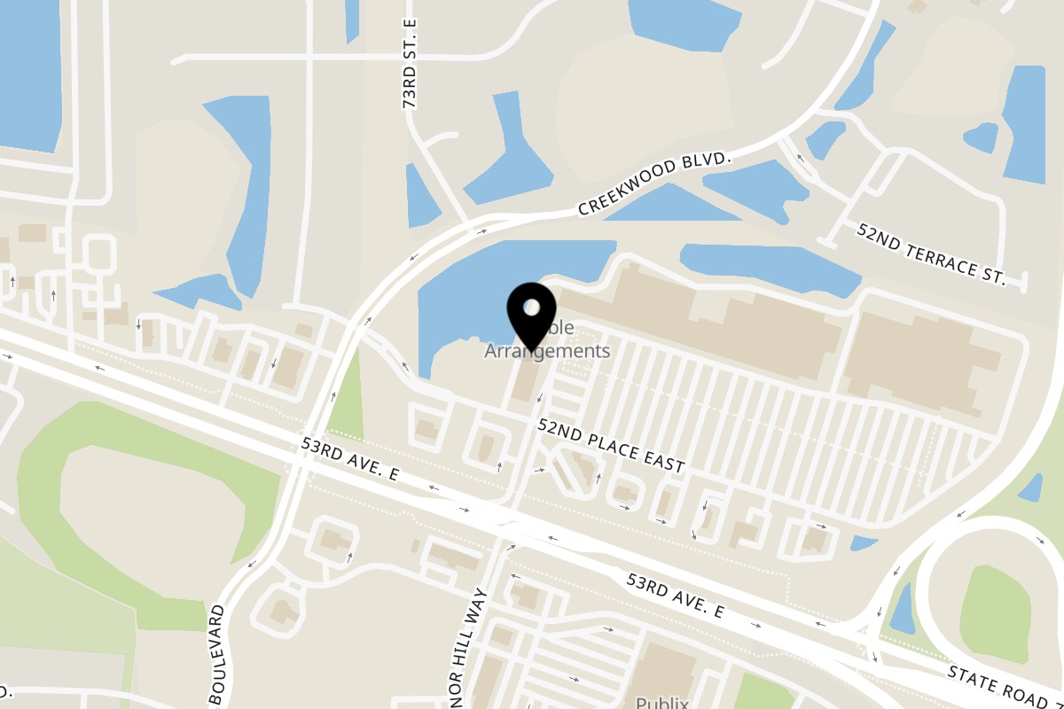 Map showing the location of R Burger N Wings on 7315 52nd Pl E in Bradenton